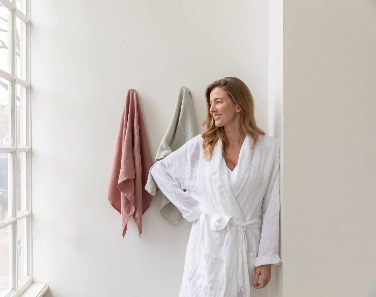 Kimono Bademantel Gewaschenes Leinen Waffel Pure White S