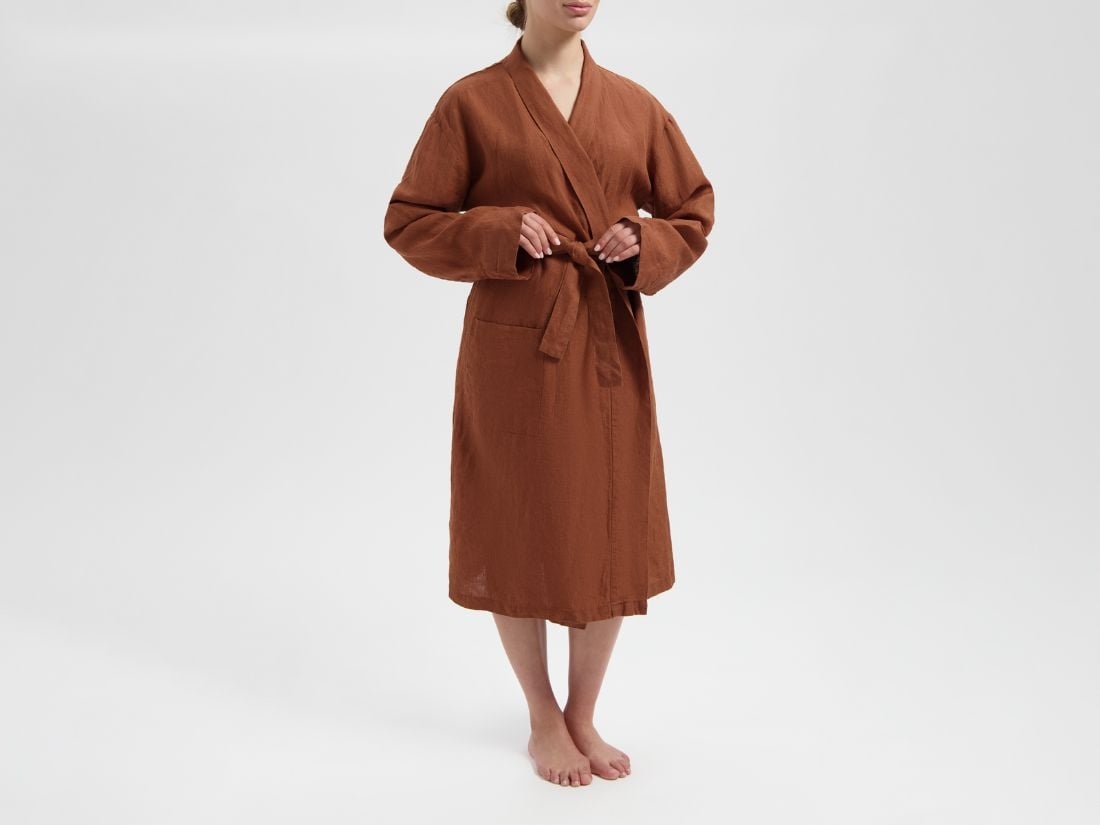Kimono Bademantel Gewaschenes Leinen Almond Brown L