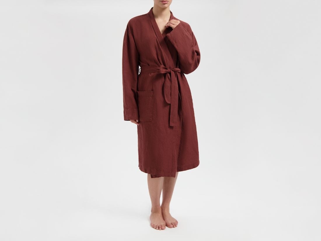 Kimono Bademantel Gewaschenes Leinen Rosewood